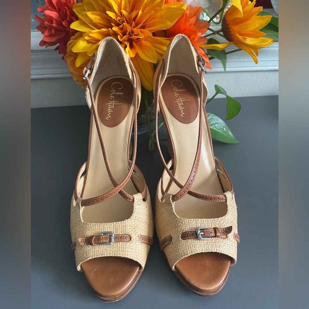 Cole Haan Women's Tan Woven Leather Peep-Toe Heels